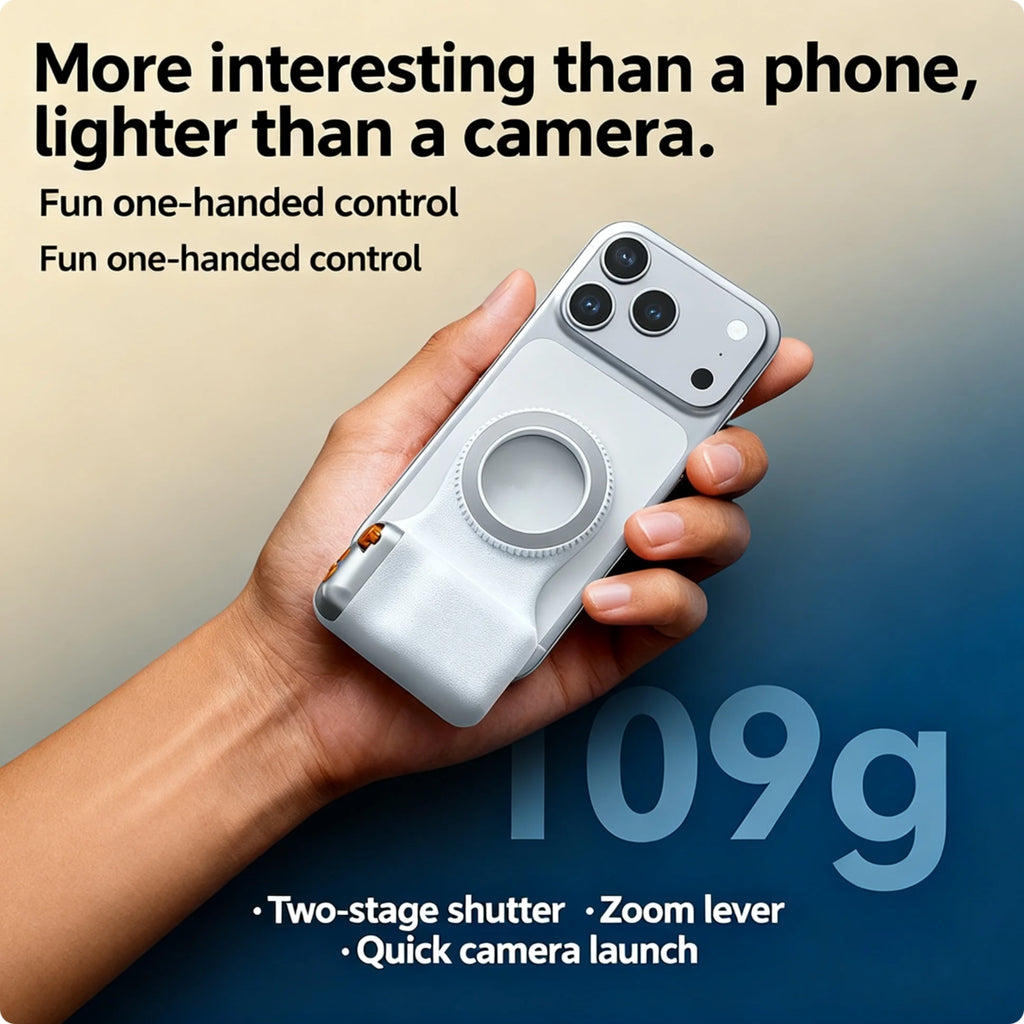 Magnetic Camera Grip Stabilizer with Wireless Remote, Ergonomic Anti-Shake Phone Handle Compatible with Magsafe, Zoom Control Portrait Landscape Switching, 109G Lightweight
